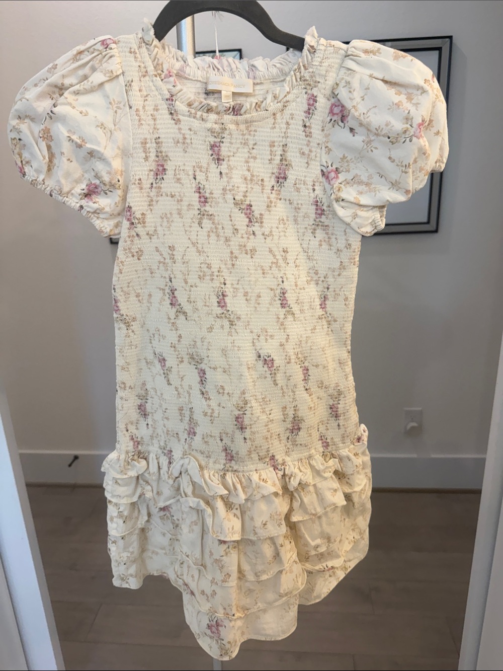 Girls' Cream Floral Ruffle Dress